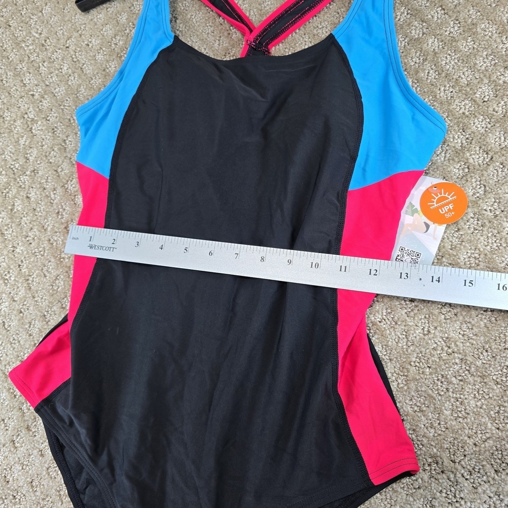 NWT Women's One Piece Swimsuit Medium Black Pink Blue Racerback UPF 50+ - Picture 6 of 9